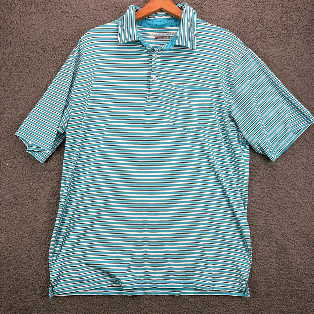 Ariat Men Large AriatTek Heat Series Polo Shirt Blue White Striped Performance